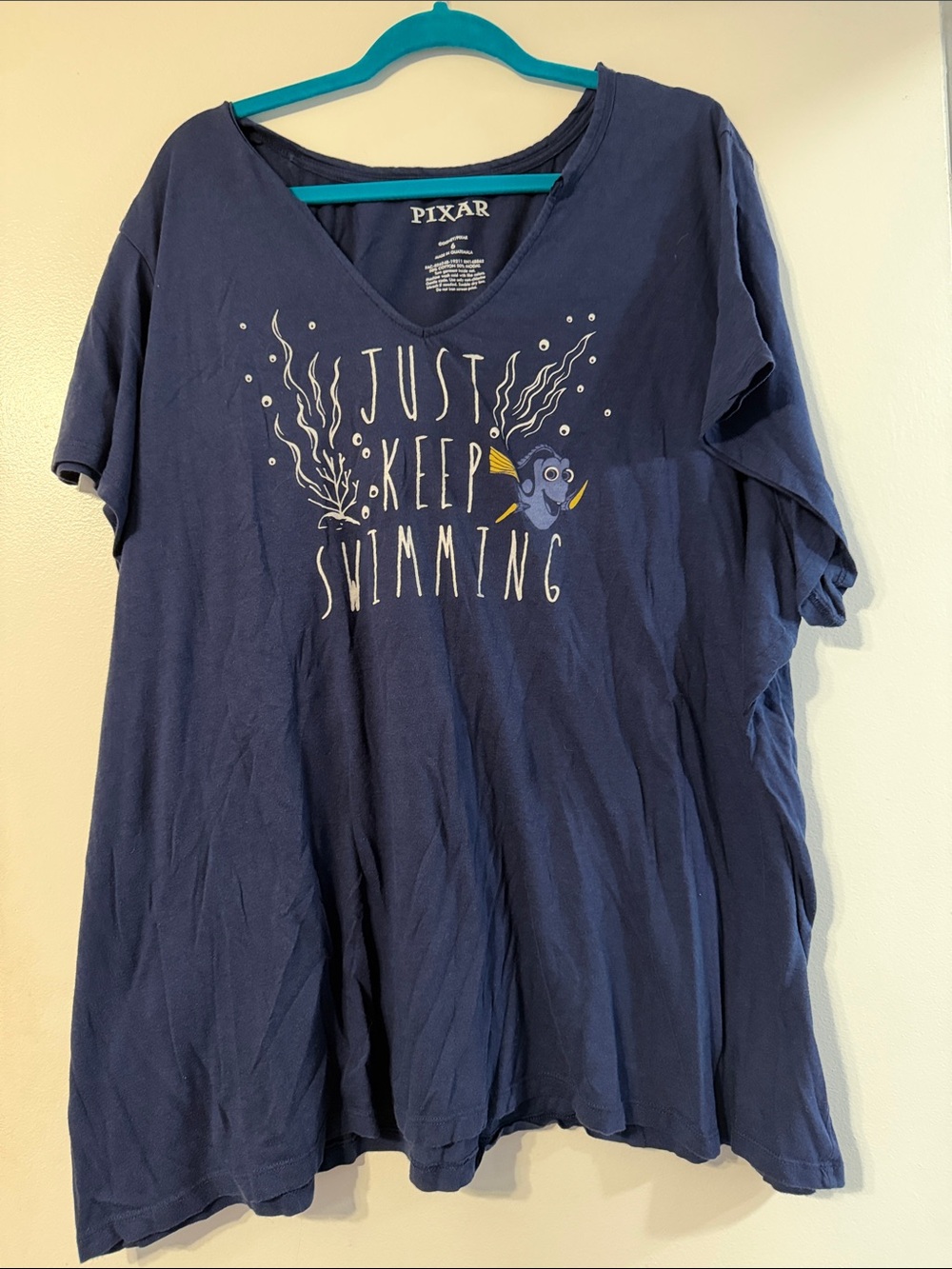 Disney Pixar Finding Nemo size 6x Just Keep Swimming' women’s soft Navy shirt